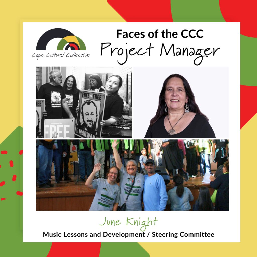 Collage of images showing June Knight, long-serving member of the Cape Cultural Collective, engaged in music and community arts activities